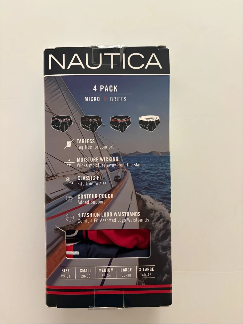 (New) Nautica 4-Pack Men’s Briefs in Red, Black, Blue, and White